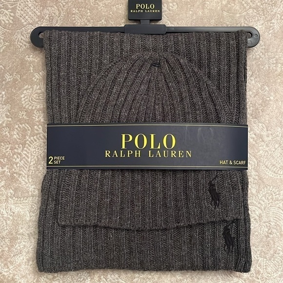 Brand New Polo Ralph Lauren 2-Piece Knit Beanie Hat & Scarf Set Gray Wool Pony
